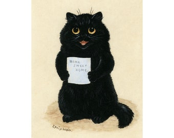 Home Sweet Home art print, Louis Wain cat painting, Kitsch cat wall art, Black kitten, Vintage cute animals, Retro, Pets, Anthropomorphic
