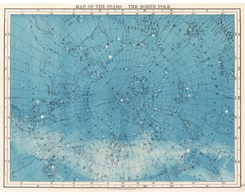 May include: A vintage map of the stars in the Northern Hemisphere, printed on a blue background with white lines and stars. The map is titled "Map of the Stars. The North Pole."