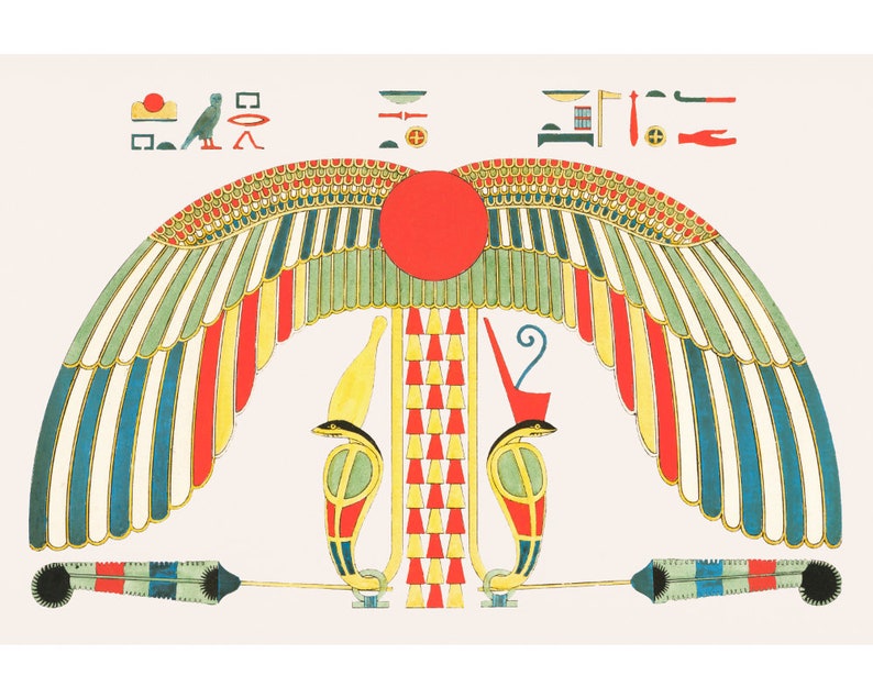 May include: A colorful illustration of an ancient Egyptian winged sun disk with hieroglyphs. The sun disk is red and surrounded by blue, green, yellow, and red wings. Two winged serpents with red, yellow, and green markings are below the sun disk. The hieroglyphs are black and white.