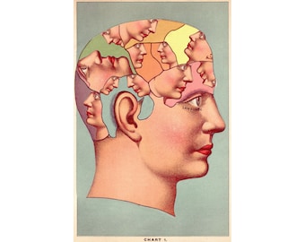 Self-Awareness, Surreal collage art print, Vintage phrenology head illustration, Strange wall art, Psychedelic, Consciousness, Mind, Brain