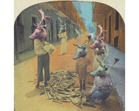Dream Forest, Surreal art print, Surreal collage art, Deer, Antlers, Anthropomorphs, Dreamscape, Psychedelic, Surrealism, Contemporary art