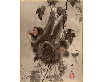 Monkey painting, Monkey art print, Baby monkey, Japanese macaque, Snow macaque, Animal wall art, Animal artwork, Animal painting, Vintage