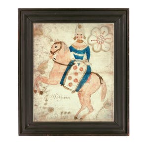 Folk art fraktur print, Early American primitive painting, Antique shabby chic art, Woman, Pink horse, 18th century, Americana, Animal art image 1