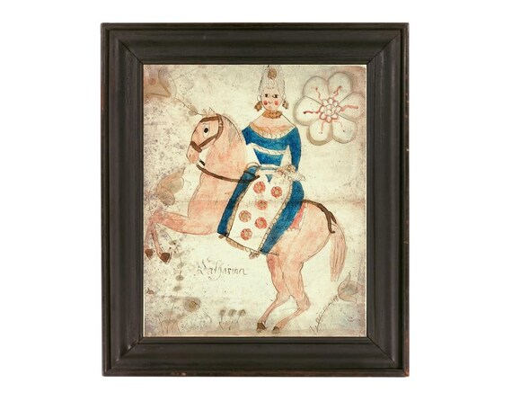 Folk art fraktur print, Early American primitive painting, Antique shabby chic art, Woman, Pink horse, 18th century, Americana, Animal art