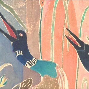May include: A watercolor painting of two birds with open beaks. The birds are blue and black with red beaks. The background is a mix of pink, green, and blue.