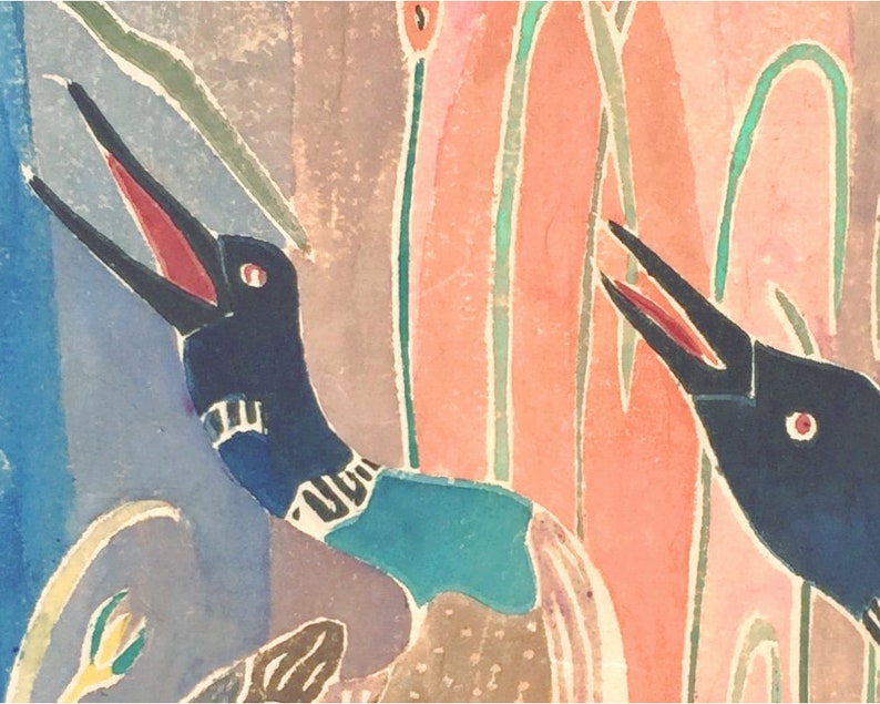 May include: A watercolor painting of two birds with open beaks. The birds are blue and black with red beaks. The background is a mix of pink, green, and blue.