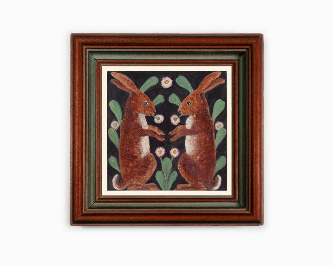 Folk Art Rabbit Painting, Vintage Animal Wall Art, Primitive Folk