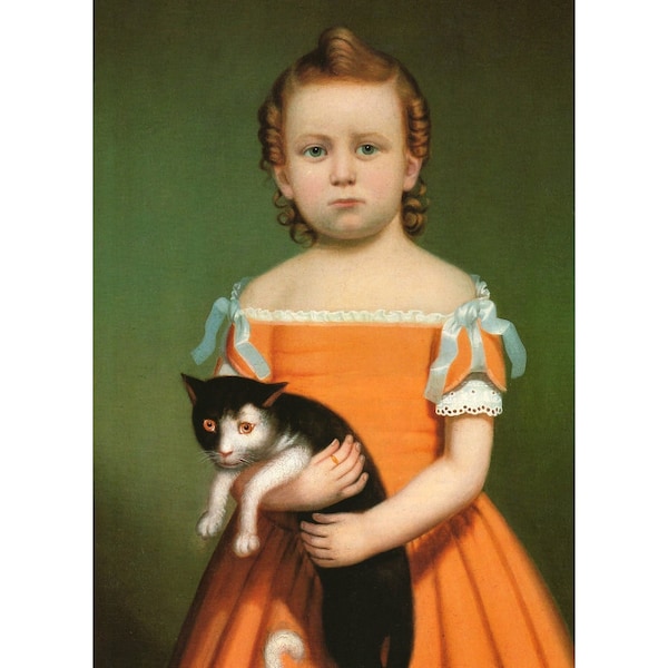 Antique American folk art child portrait oil painting, Girl with cat art print, Primitive Americana, 19th century, Orange dress, Green eyes