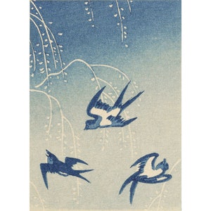 Vintage flying swallow birds art print, Blue swallows, Antique Japanese woodblock print, Cute bird wall art, Songbirds, Blue and white