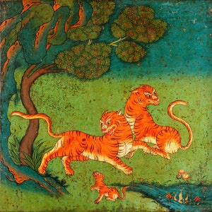 Colorful Tibetan tiger painting, Vintage tigers art print, Big cat wall art, Antique animal art, Asian animals, Exotic, Jungle decor