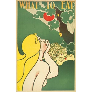 Retro kitchen art print, Vintage kitchen wall art, Food art, Forbidden fruit, Eve, Leopard, Woman, Kitsch art, Funny kitchen poster