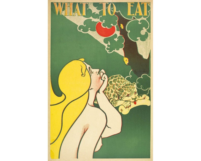 Retro kitchen art print, Vintage kitchen wall art, Food art, Forbidden fruit, Eve, Leopard, Nude woman, Kitsch art, Funny kitchen poster 