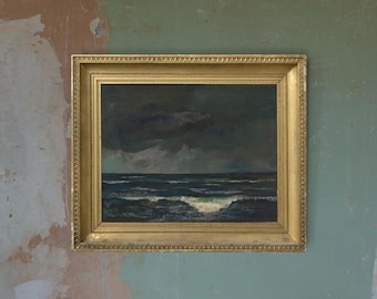 Antique Stormy Sea art print, Vintage Dark Marine oil painting, Night Ocean Waves wall art, Black Clouds, Moody Seascape