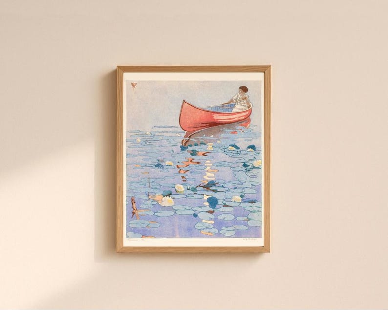 Woman Canoeing art print, Craftsman style color block print, Canoe painting, Waterlilies, Lake wall art, Cabin decor, Walter Joseph Phillips image 1