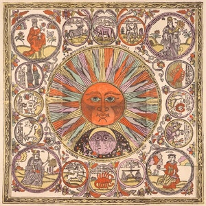 Ancienne impression d'art visage soleil, diagramme du zodiaque, carte céleste vintage, art mural soleil et lune, impression lubok russe, peinture folklorique, carte colorée