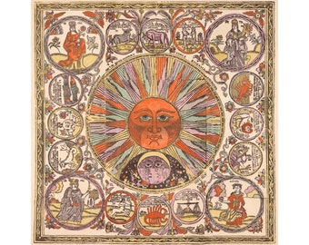 Antique Sun Face art print, Zodiac diagram, Vintage Celestial chart, Sun and Moon wall art, Russian lubok print, Folk painting, Colorful map