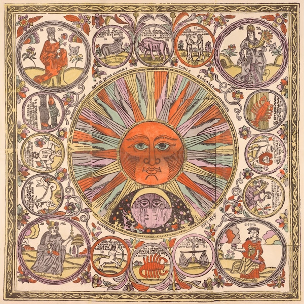 Antique Sun Face art print, Zodiac diagram, Vintage Celestial chart, Sun and Moon wall art, Russian lubok print, Folk painting, Colorful map