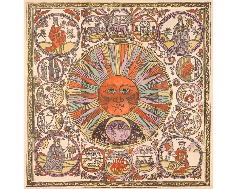 Antique Sun Face Art Print, Zodiac Diagram, Vintage Celestial Chart ...