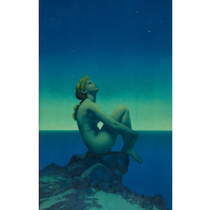 Classical woman painting, Maxfield Parrish Stars art print, Antique celestial wall art, Art nouveau, Night goddess, Ocean, Blue Sky, Dreams