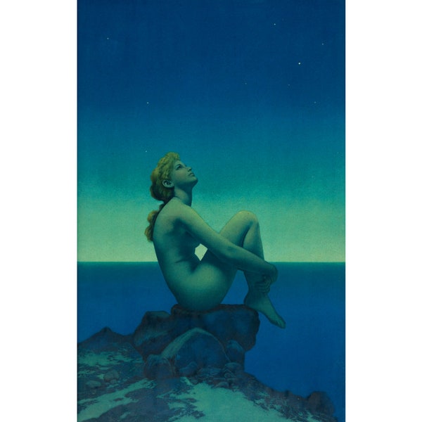 Classical woman painting, Maxfield Parrish Stars art print, Antique celestial wall art, Art nouveau, Night goddess, Ocean, Blue Sky, Dreams