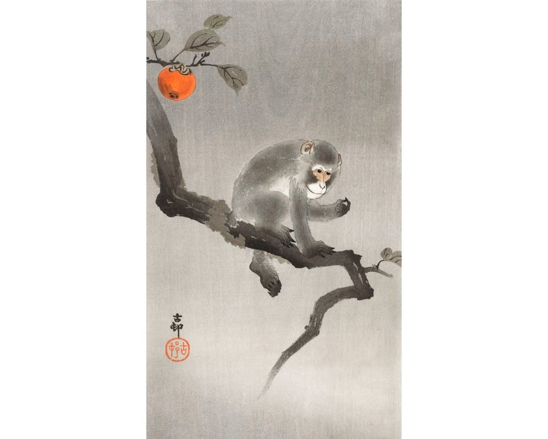 Japanese Macaque Art Print, Snow Monkey Painting, Vintage