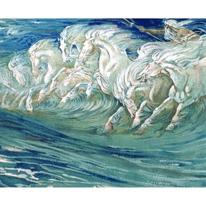 Neptune's Horses art print, Walter Crane painting, Poseidon, Sea God, Mythology wall art, Blue bathroom decor, Beach house, Ocean, Waves