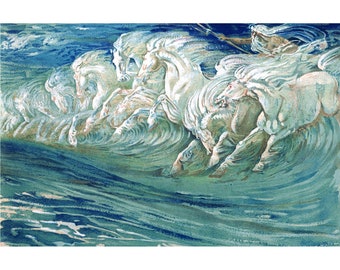 Neptune's Horses art print, Walter Crane painting, Poseidon, Sea God, Mythology wall art, Blue bathroom decor, Beach house, Ocean, Waves