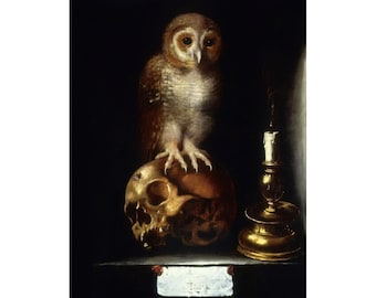 Vanitas with Owl painting, Memento Mori art print, Vintage owl and skull, Death wall art, Antique oil, Dark art, Gothic, Morbid, Macabre
