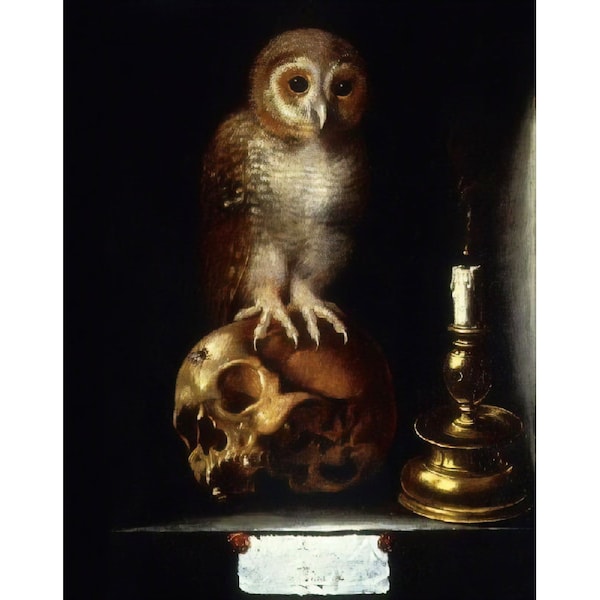 Vanitas with Owl painting, Memento Mori art print, Vintage owl and skull, Death wall art, Antique oil, Dark art, Gothic, Morbid, Macabre