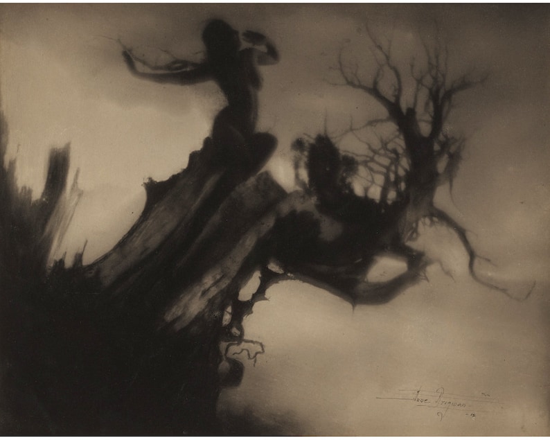 May include: A black and white photograph of a shadowy figure standing on a tree stump. The figure is reaching out with one arm, and the other arm is bent at the elbow. The figure is silhouetted against a light background. The image is titled "The Dreamer" and dated 1918.
