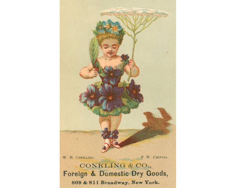 May include: A vintage advertisement for Conkling & Co., a dry goods store located at 809 & 811 Broadway in New York City. The ad features a whimsical illustration of a young girl dressed in a purple flower costume, holding a flower umbrella.