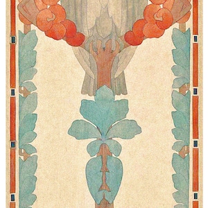 May include: A vintage illustration of a stylized floral design with a bird perched on a branch. The design features red flowers, green leaves, and a light brown branch. The bird is white with a gray head and wings.