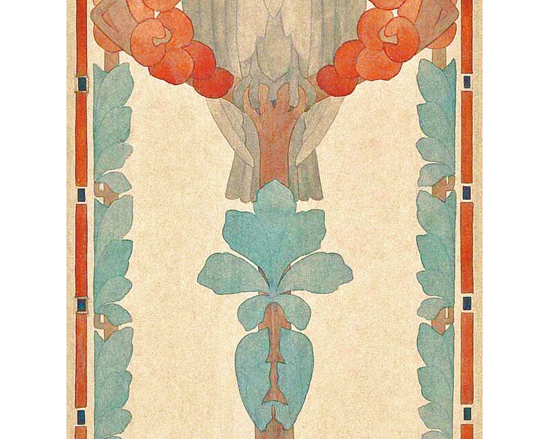 May include: A vintage illustration of a stylized floral design with a bird perched on a branch. The design features red flowers, green leaves, and a light brown branch. The bird is white with a gray head and wings.