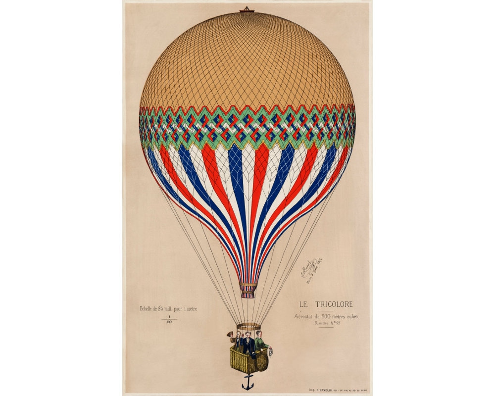Vintage Hot Air Balloon Poster, Antique French Wall Art, Victorian Art