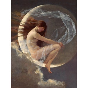 May include: A woman with long flowing red hair sits on a crescent moon, draped in a sheer white fabric. The moon is surrounded by clouds, and the background is a dark, muted brown.
