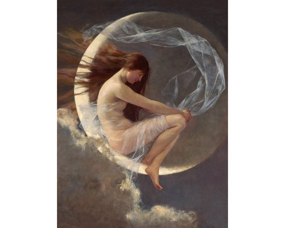 Spirit of the New Moon art print, Artur Loureiro, Moon goddess painting, Celestial wall art, Vintage woman, Luna, Crescent, Night