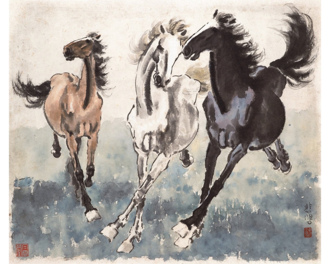 Three Galloping Horses, Xu Beihong Art Print, Running Horses Painting