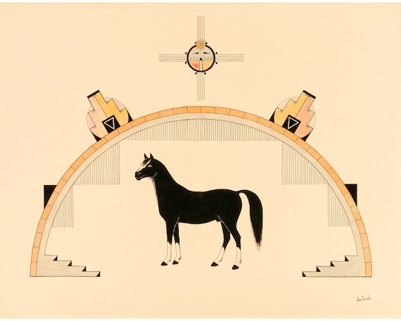 Southwestern horse painting, Awa Tsireh art print, Vintage horse wall art, Southwest design, Native American art, Antique animal art