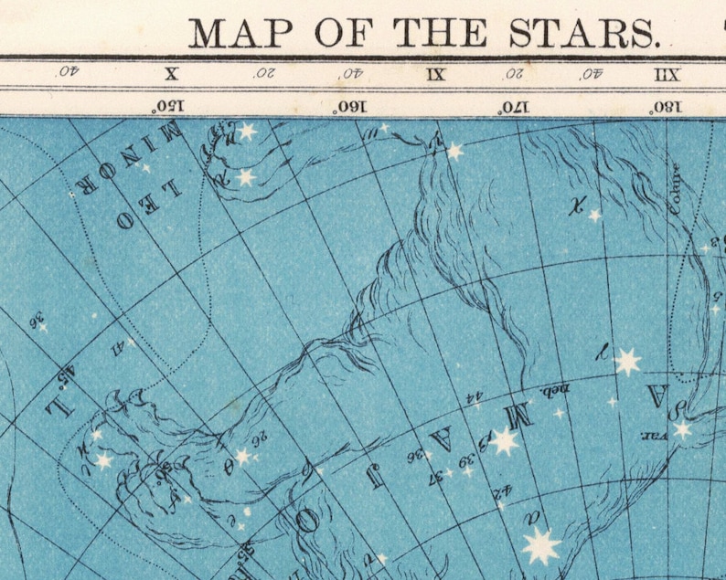 May include: A vintage map of the stars with constellations outlined in black on a light blue background. The map is divided into sections with Roman numerals and degrees. The constellations are labelled in English.