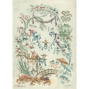 Antique French chinoiserie design, Jean-Baptiste Pillement art print, Vintage oriental decor, Magical landscape, Fantasy scene, 18th century