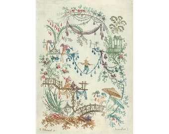 Antique French chinoiserie design, Jean-Baptiste Pillement art print, Vintage oriental decor, Magical landscape, Fantasy scene, 18th century