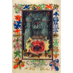 May include: A medieval manuscript illustration depicting a monstrous, multi-headed creature with a gaping maw. The creature is surrounded by smaller figures and appears to be devouring them. The illustration is framed by ornate, colorful foliage.