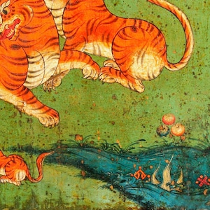 May include: A painting depicting three orange tigers on a green background. The tigers are depicted in a stylised manner, with exaggerated features and bright colours. The painting is likely from a Tibetan or Himalayan tradition.