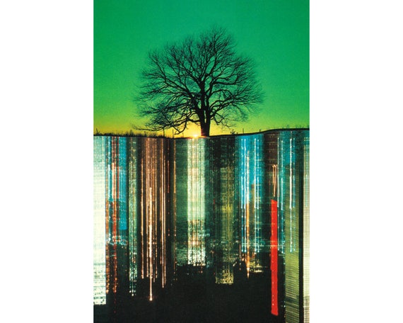 Surreal contemporary art print, Tree art, Urban landscape, Environmental art, Green sunset, Apocalyptic, Dystopian, City lights, Postmodern