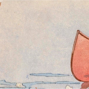 May include: A close-up of a red canoe on a body of water. The canoe is partially submerged in the water, with only the top half of the canoe visible. The water is a light blue color and there are some white flowers floating on the surface.