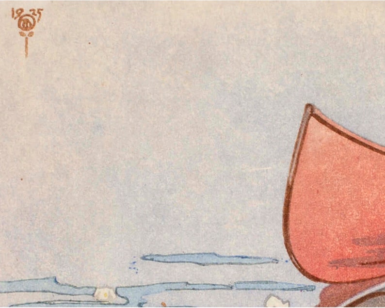 May include: A close-up of a red canoe on a body of water. The canoe is partially submerged in the water, with only the top half of the canoe visible. The water is a light blue color and there are some white flowers floating on the surface.