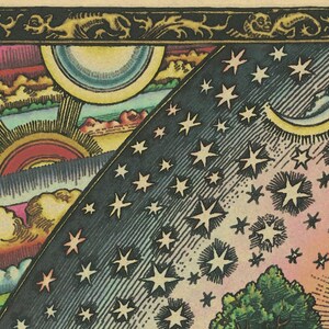 May include: A detailed vintage illustration showing celestial and terrestrial elements. The artwork features a sun, moon, stars, clouds, and a tree, with a decorative border. The colour palette includes shades of red, yellow, blue, and green.