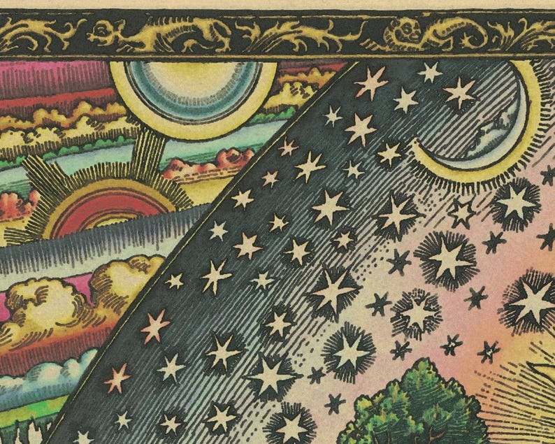 May include: A detailed vintage illustration showing celestial and terrestrial elements. The artwork features a sun, moon, stars, clouds, and a tree, with a decorative border. The colour palette includes shades of red, yellow, blue, and green.