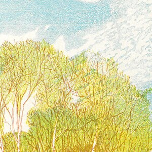 May include: A close-up of a painting depicting a group of trees with yellow and green leaves against a blue sky with white clouds.