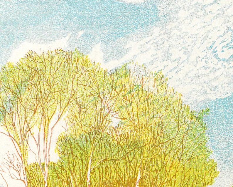 May include: A close-up of a painting depicting a group of trees with yellow and green leaves against a blue sky with white clouds.